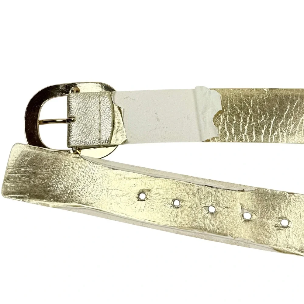 Saks Fifth Avenue BLACK Belt Womens Medium Gold Metallic Leather 5626